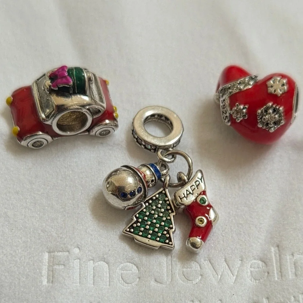 Annmors Christmas Charms Set S925 Sterling Silver Holiday Car‎ Heart Snowman 3pc
